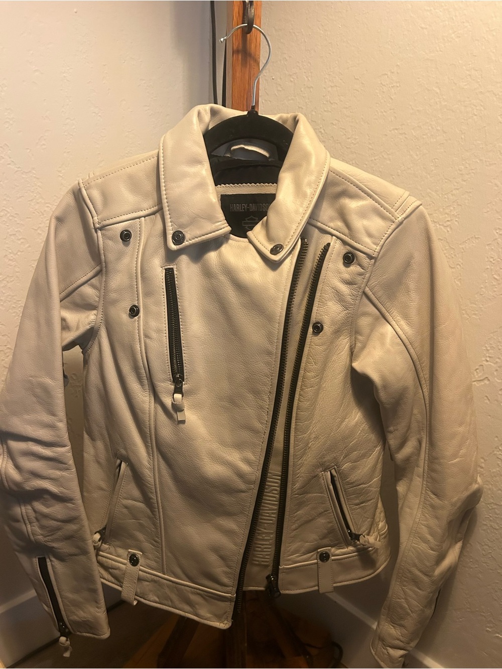 Harley-Davidson Cream Leather Asymmetrical Moto Jacket